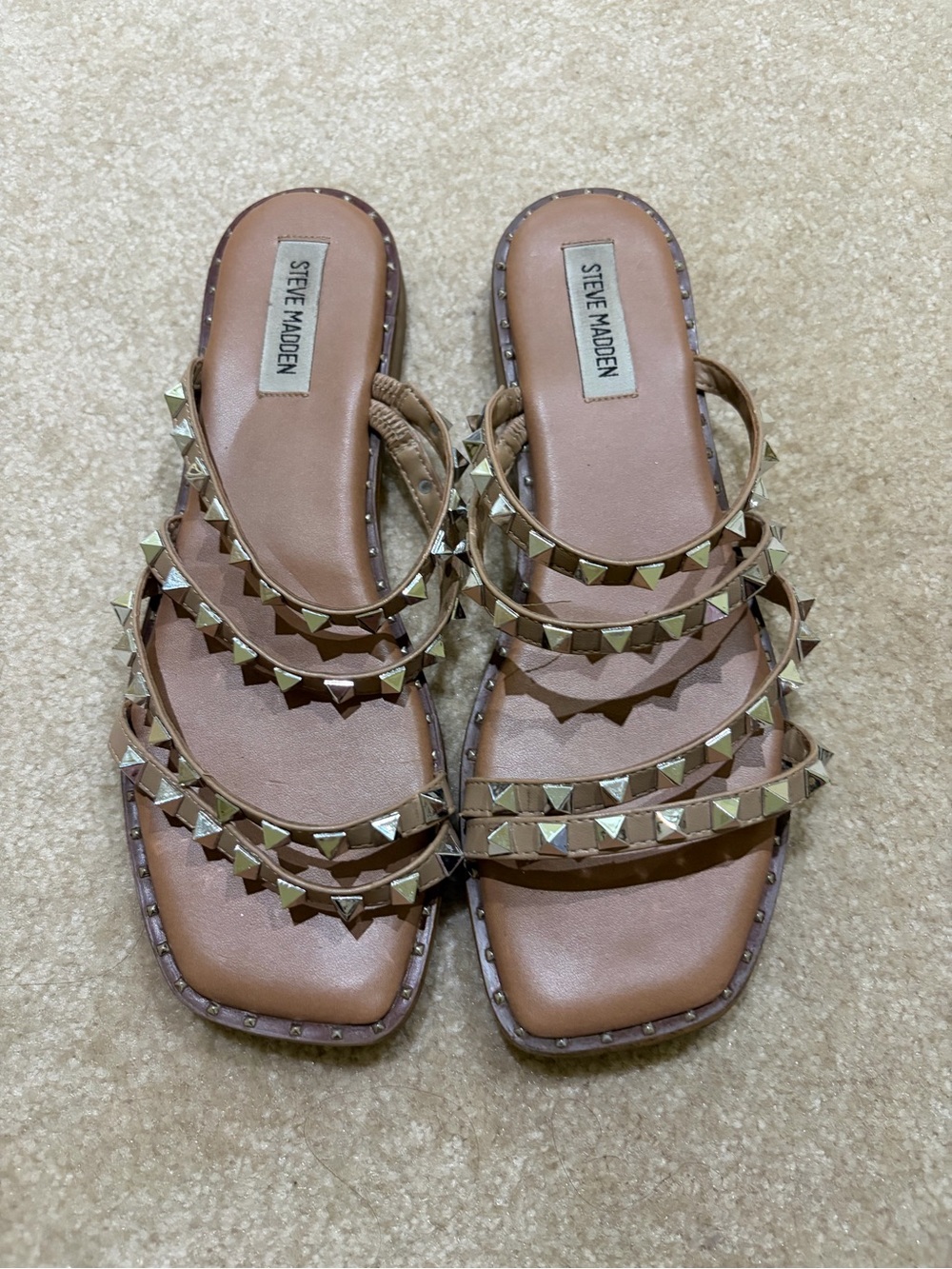 Steve Madden Tan Pyramid Stud Multi-Strap Slide Sandals